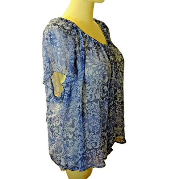 Avenue 26/28 Blue Sheer Polyester Button Front Elastic Neck Blouse - Picture 8 of 8